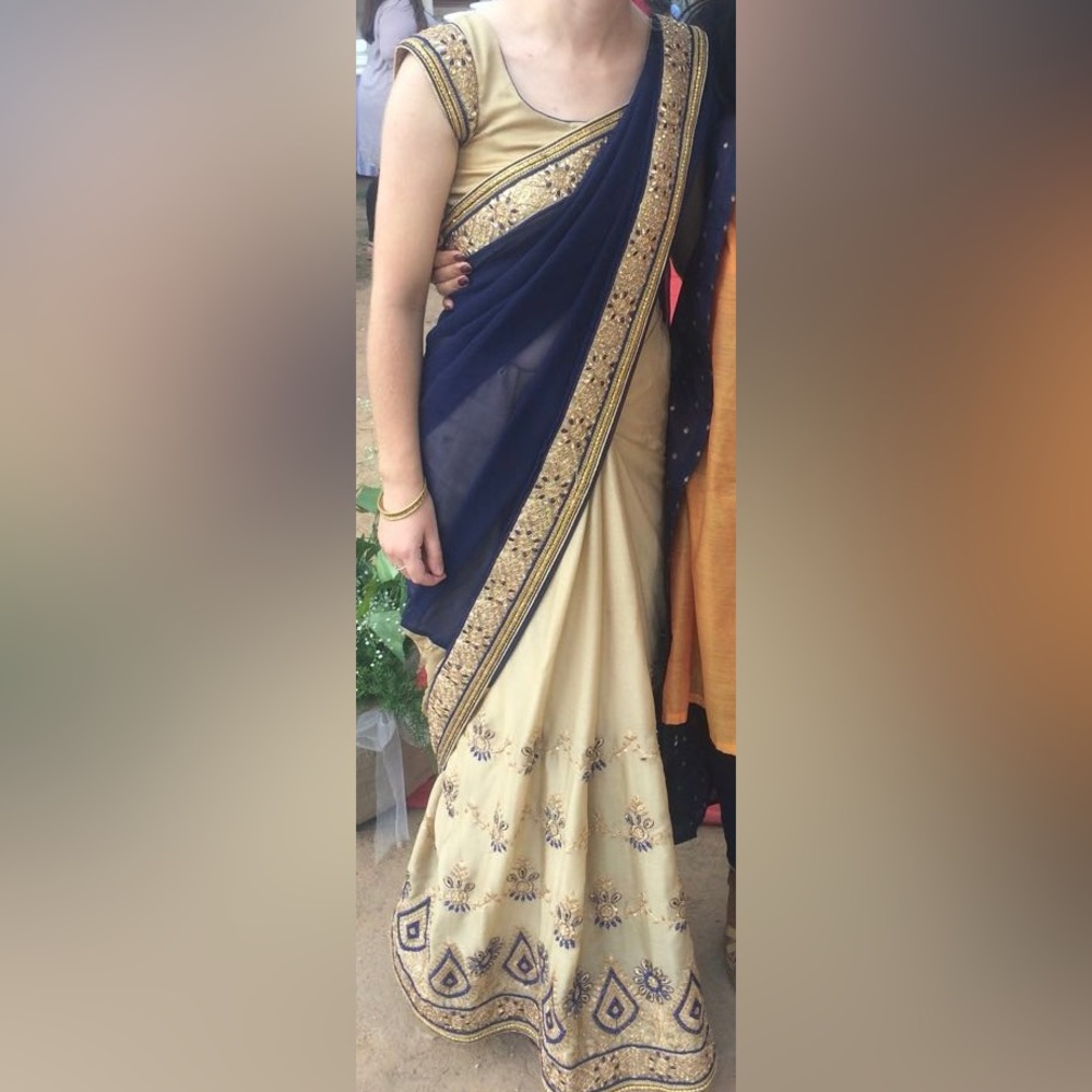 Stunning Blue and Tan Saree with Beadwork